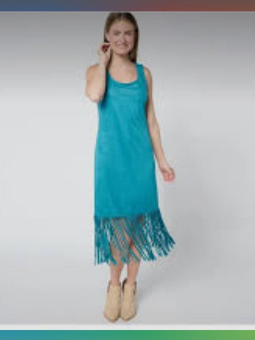 American West Carolyn PollachTurquoise Fringe Hem Sleeveless Midi Dress Large